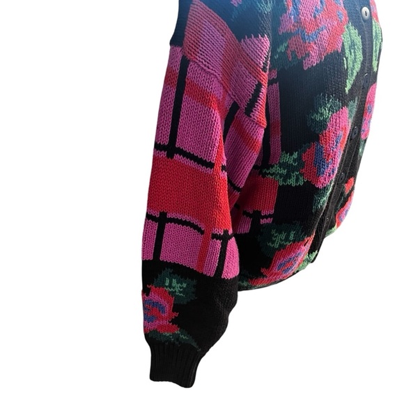 Vintage Gallagher Intarsia Knit Floral Cardigan Medium 1980s Shoulder Pads - Picture 3 of 9